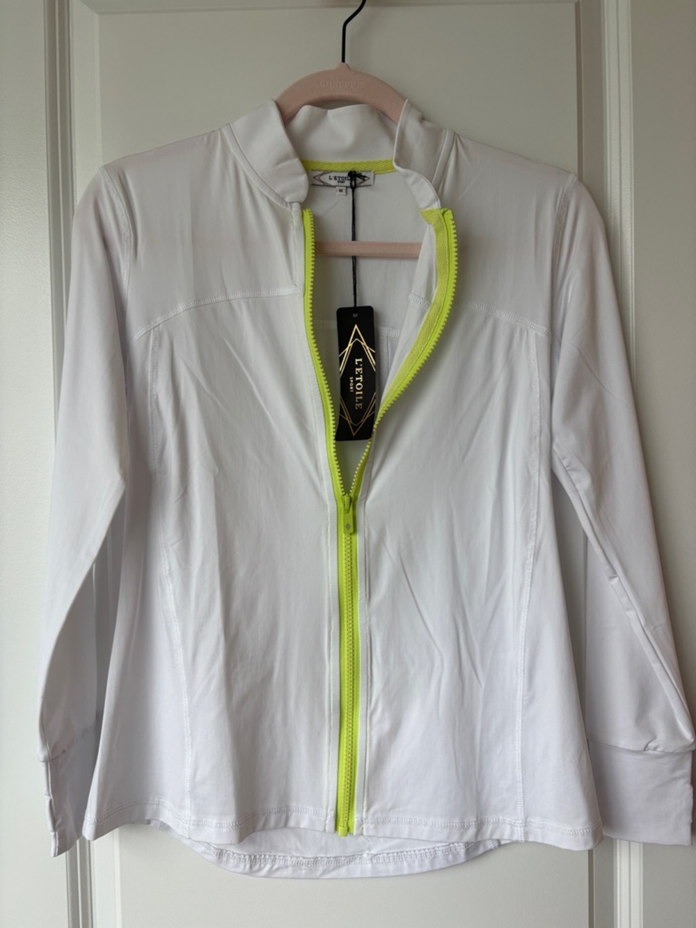L’ETOILE White Utility Jacket with Neon Yellow Zip